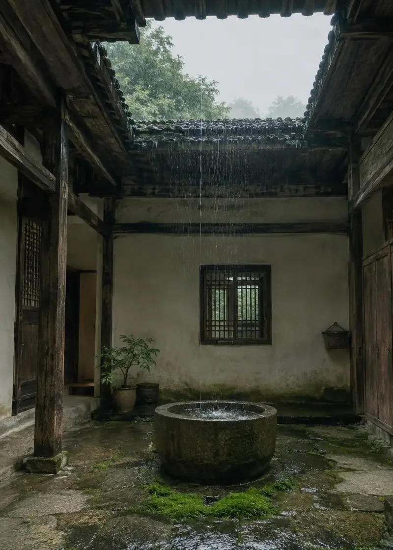 花魁短剧网页版《老屋的天井》封面,老屋天井里落雨与石缸